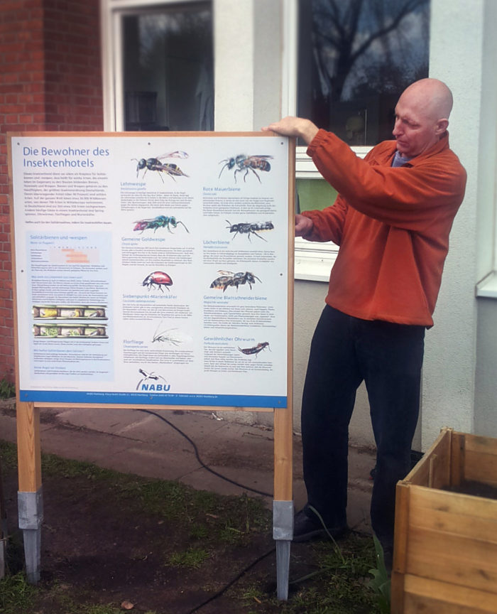 Wir bauen ein Schild über die Bewohner des Insektenhotels, die Druckvorlage kommt vom NABU.